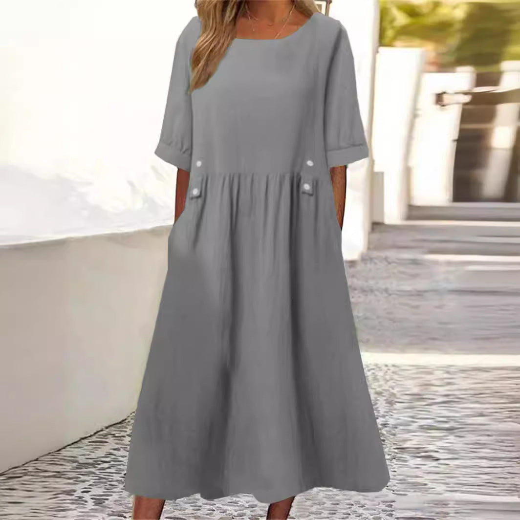 Monika Weiß Baumwoll-Leinen Midikleid für Damen | Luftig Lässig mit Taschen | Alltag und Urlaub - S/M/L/XL/2XL/3XL