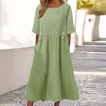 Monika Weiß Baumwoll-Leinen Midikleid für Damen | Luftig Lässig mit Taschen | Alltag und Urlaub - S/M/L/XL/2XL/3XL