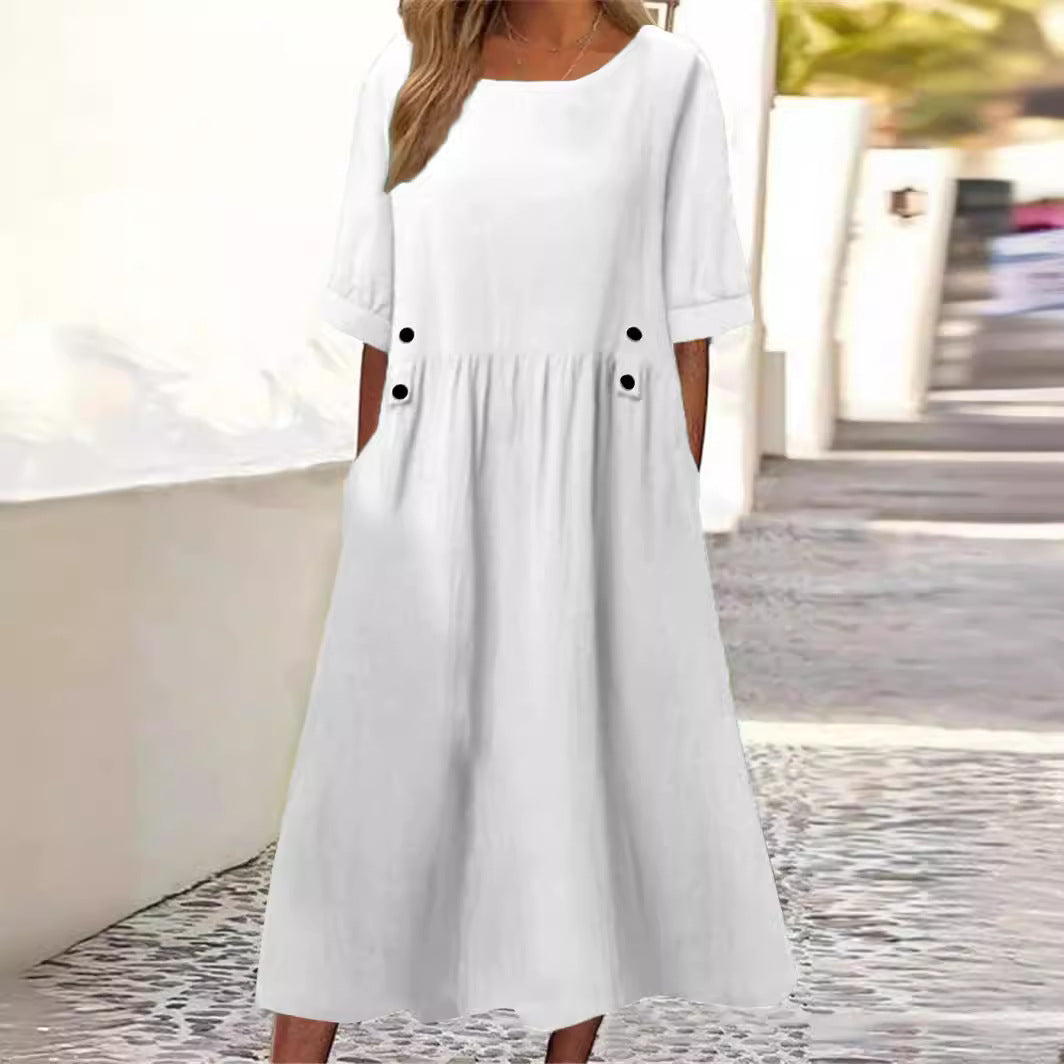 Monika Weiß Baumwoll-Leinen Midikleid für Damen | Luftig Lässig mit Taschen | Alltag und Urlaub - S/M/L/XL/2XL/3XL