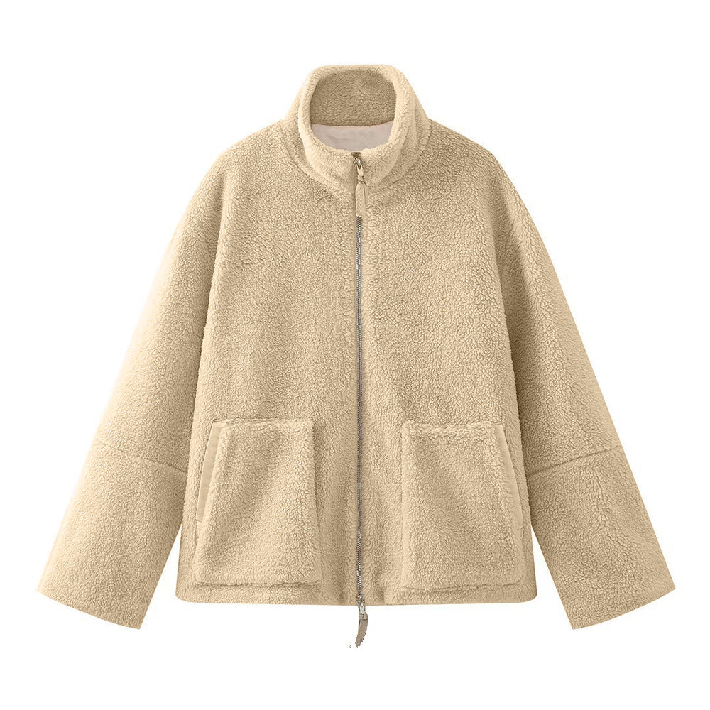 Monika Beige Oversized Sherpa-Jacke mit Stehkragen für Damen | Casual Winter Fleece-Look - S/M/L/XL