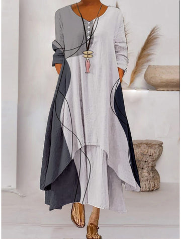 Monika Stil 1 Abstraktes Muster Langarm Maxikleid für Damen | Lockere Passform mit Taschen | Alltag & Reisen - S-4XL