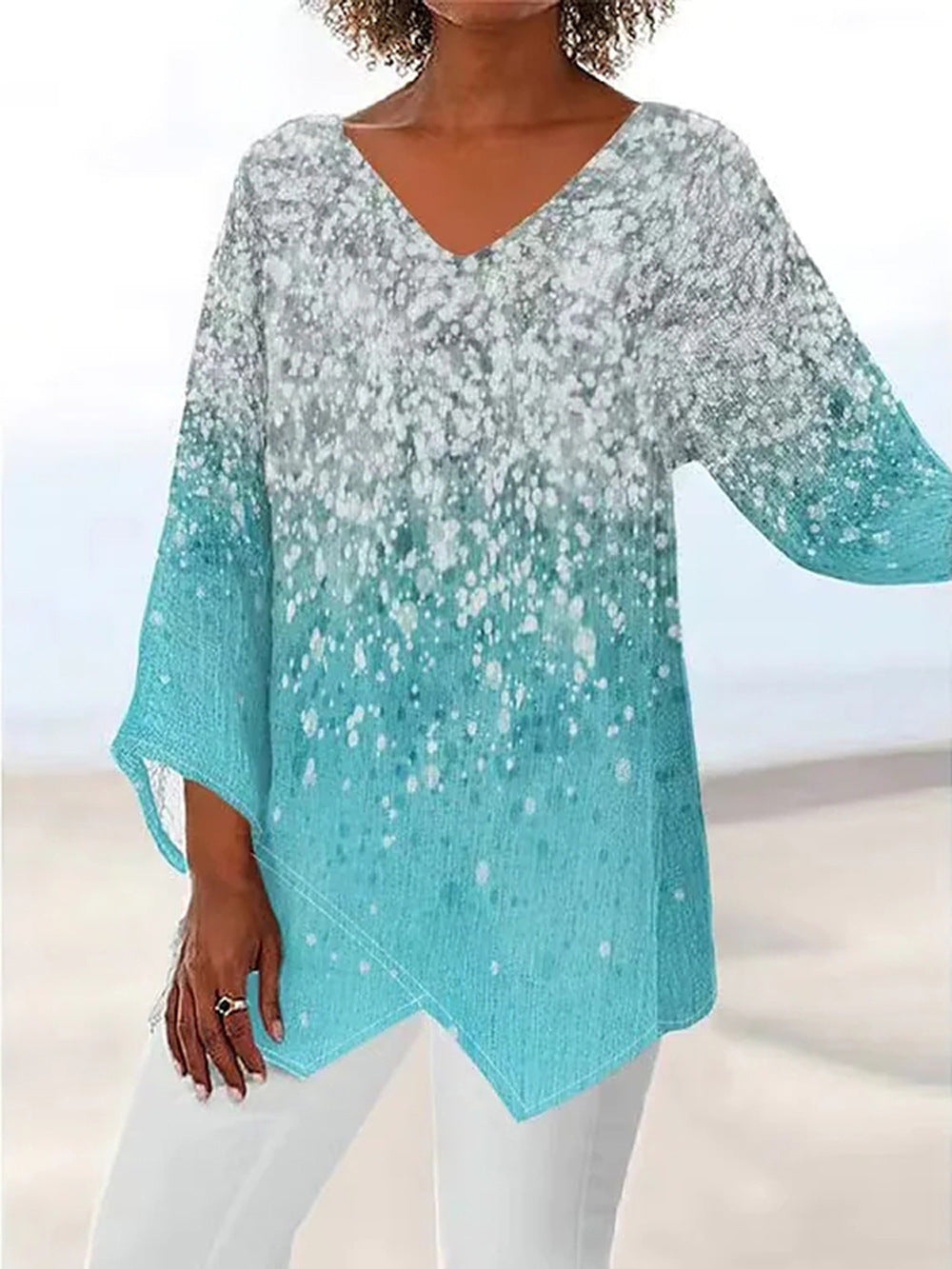 Rosemarie Türkis Glitzer-Print V-Ausschnitt Tunika Bluse für Damen | Fliessende Passform | Festliche Abende - S-5XL