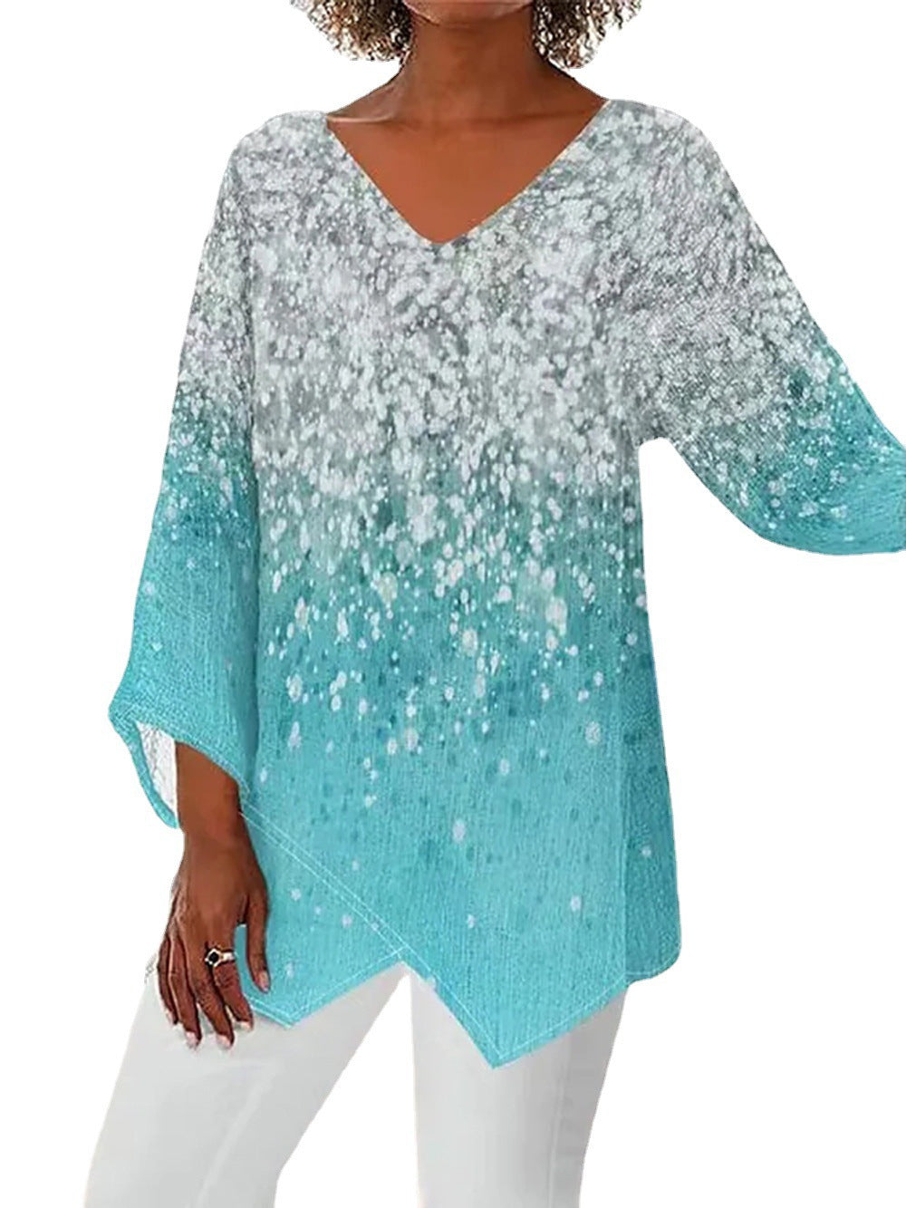 Rosemarie Türkis Glitzer-Print V-Ausschnitt Tunika Bluse für Damen | Fliessende Passform | Festliche Abende - S-5XL
