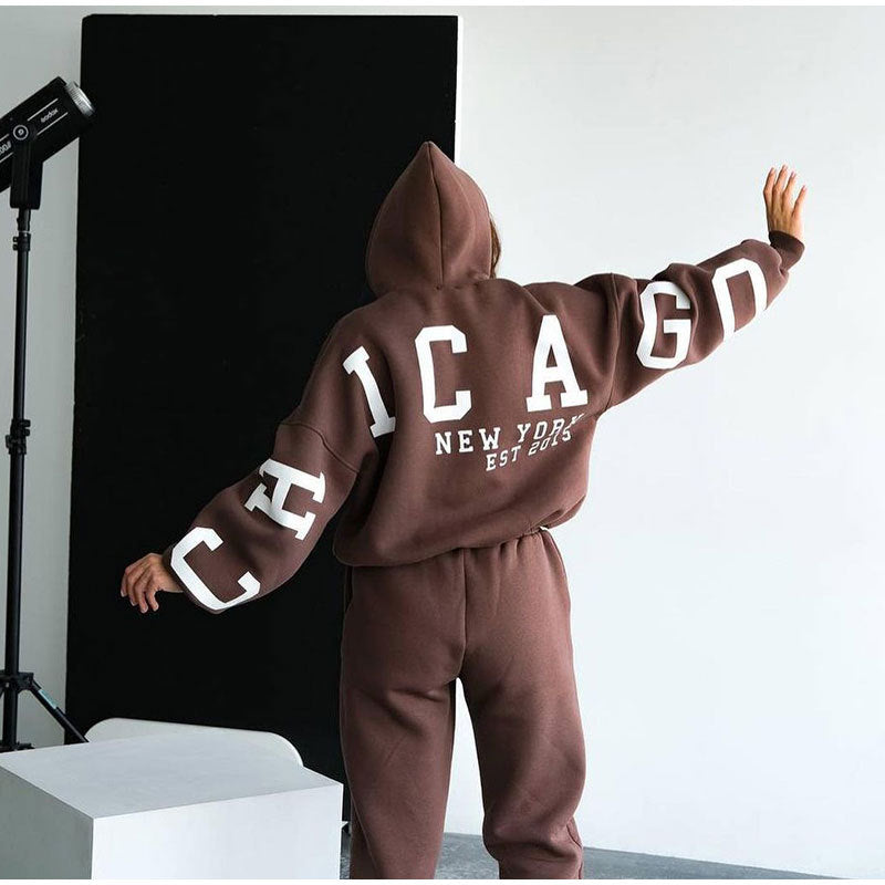 Monika Dunkelgrau Oversized Zweiteiler mit Kapuze und Letter-Print für Damen | Casual Jogginganzug - S/M/L