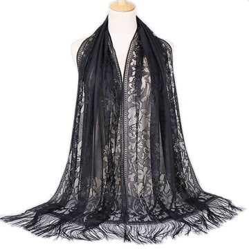 Brigitte Schwarz Langer Spitzen-Schal mit Fransen für Damen | Elegant Festlich Casual - Einheitsgrösse 170