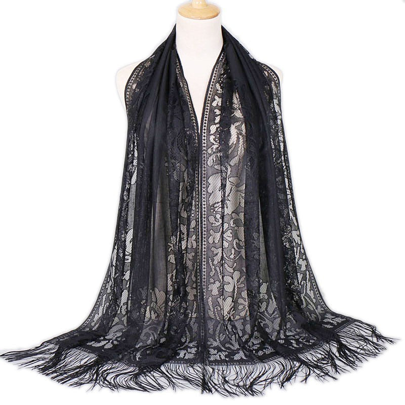 Brigitte Schwarz Langer Spitzen-Schal mit Fransen für Damen | Elegant Festlich Casual - Einheitsgrösse 170