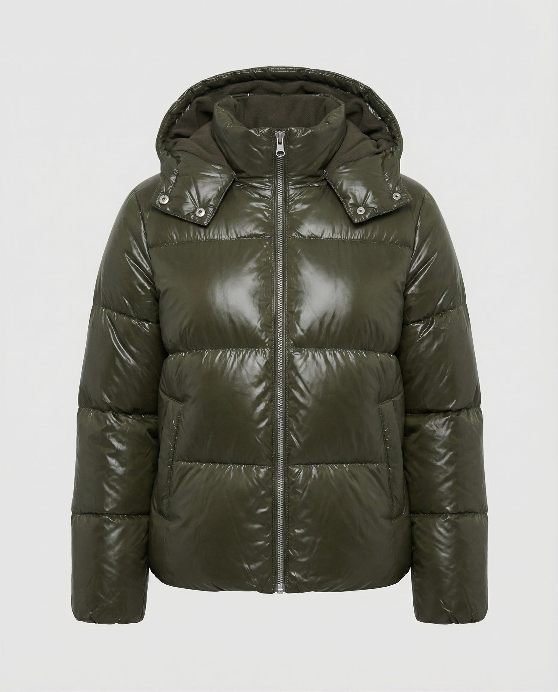 Wanda Grün Glänzende Kurze Steppjacke mit Kapuze für Damen | Winter Casual - S/M/L/XL
