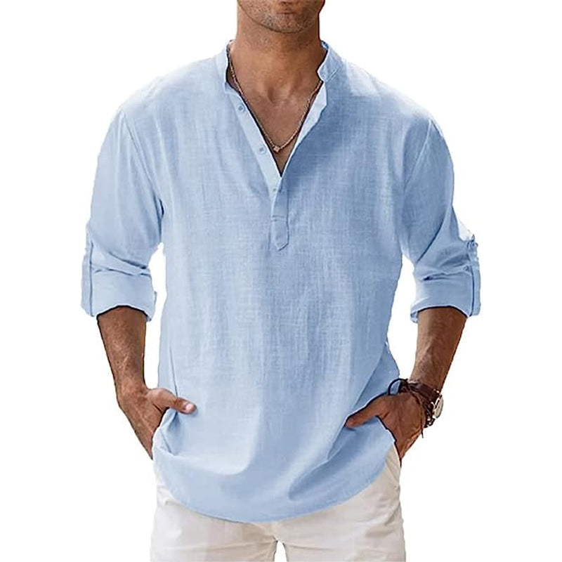 Heinz Hellblau Leinen Henley Hemd für Herren | Luftig Entspannte Passform | Sommer Urlaub - S-5XL