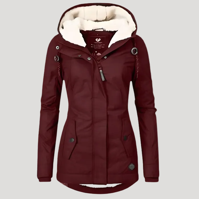 Monika Schwarz Wasserdichte Gefütterte Winterjacke mit Kapuze für Damen | Sherpa-Futter Figurnah Winter - S/M/L/XL/2XL/3XL