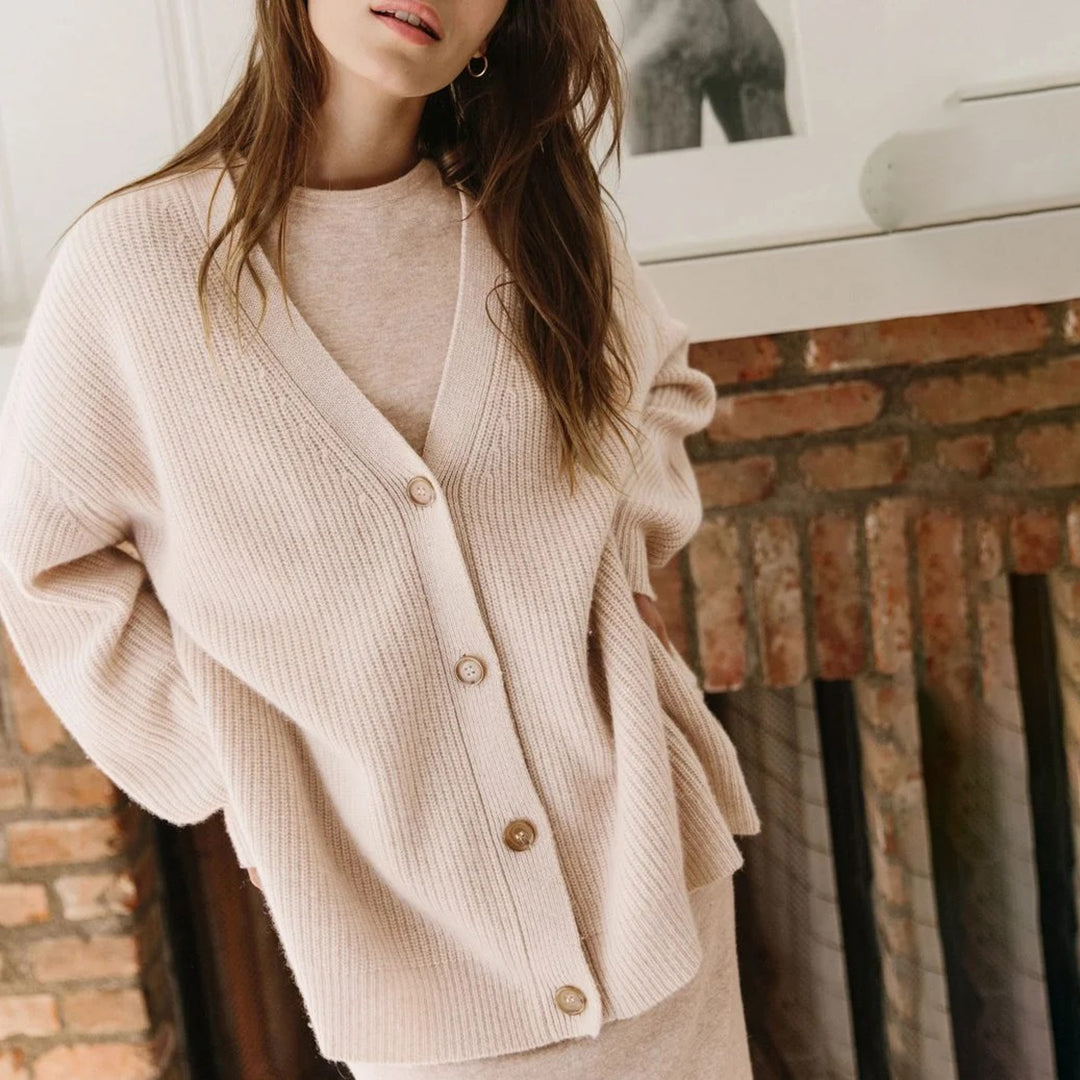 Hedy Naturstein Oversized Kaschmir-Strickjacke für Damen | V-Ausschnitt Rippenstrick Casual - S/M/L/XL/2XL/3XL