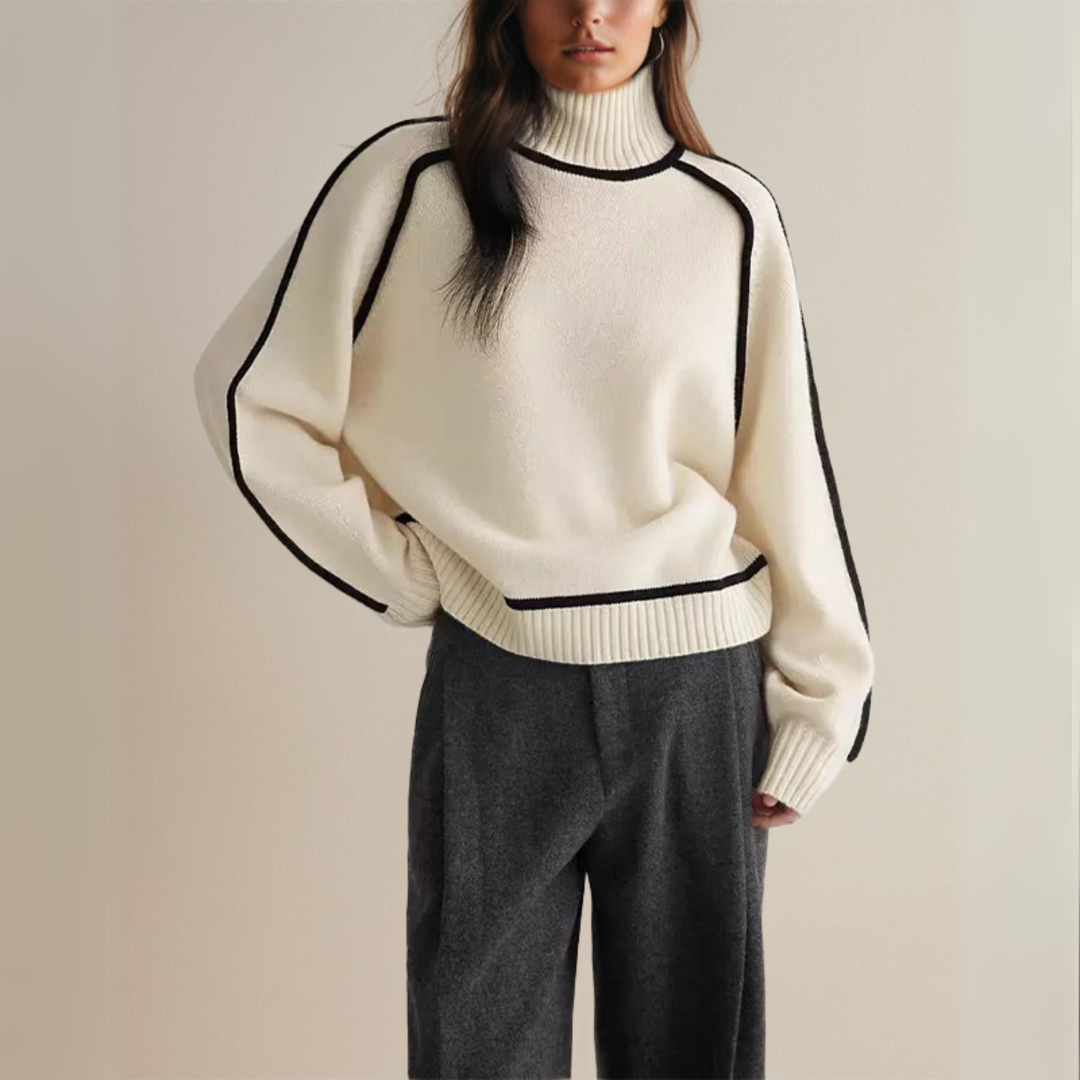 Sonja Braun Oversized Rollkragenpullover mit Kontrastbesatz für Damen | Elegant Casual Winter - S/M/L/XL