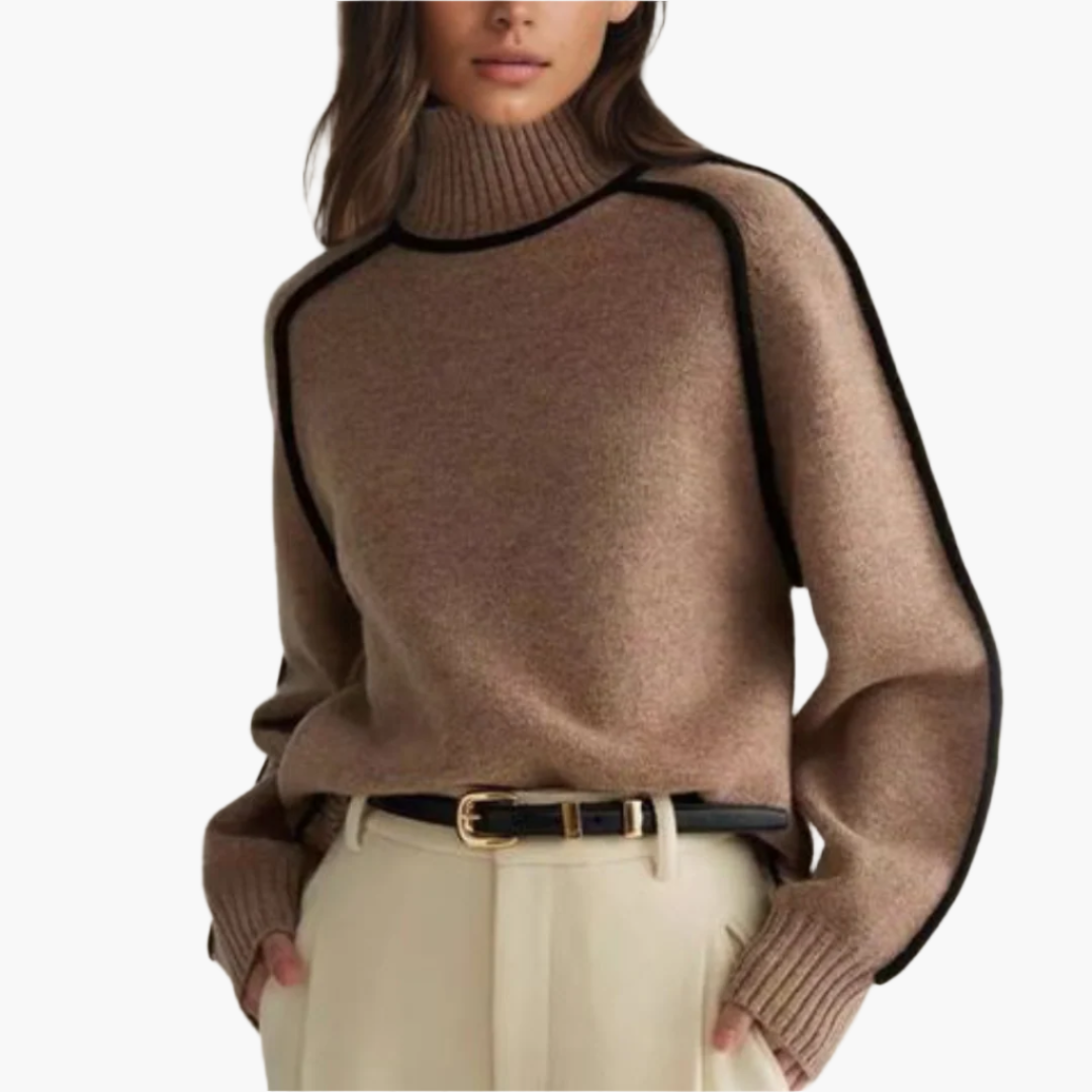 Sonja Braun Oversized Rollkragenpullover mit Kontrastbesatz für Damen | Elegant Casual Winter - S/M/L/XL