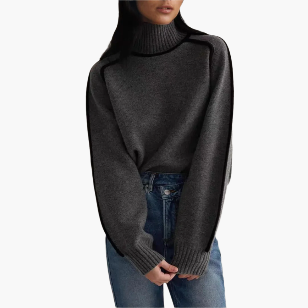 Sonja Braun Oversized Rollkragenpullover mit Kontrastbesatz für Damen | Elegant Casual Winter - S/M/L/XL