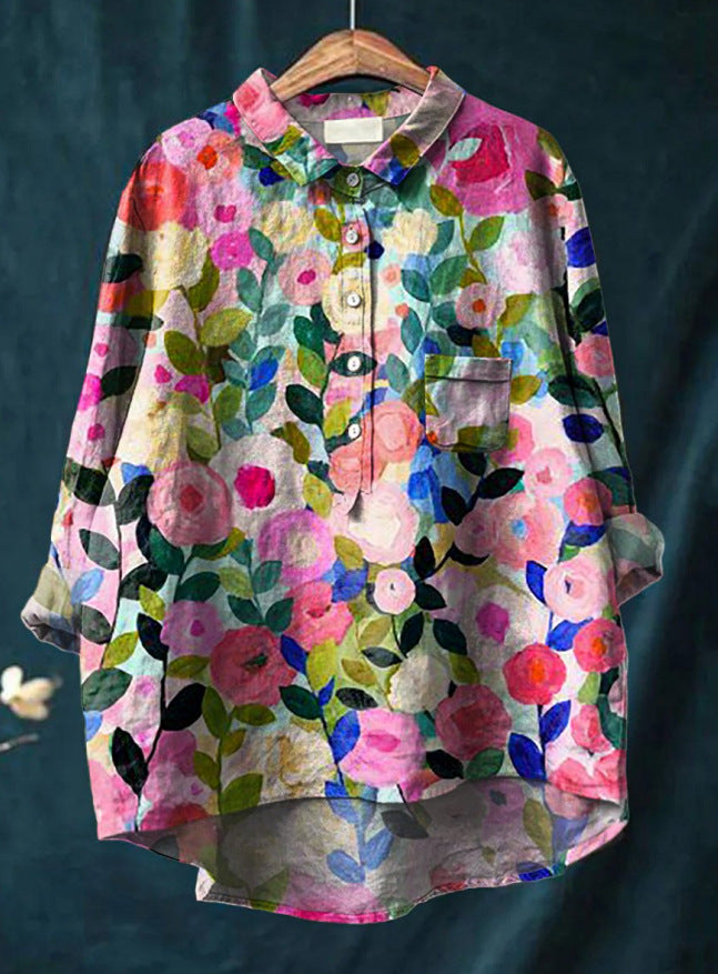 Vreni Grün Natur-Print Bluse für Damen | Leichte Baumwoll-Leinen Passform | Alltag & Freizeit - M/L/XL/2XL/3XL/4XL
