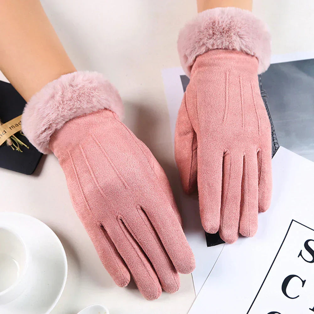 Brigitte Rosa Winter Handschuhe für Damen in Veloursleder-Optik mit Kunstfell-Bündchen | Einheitsgrösse