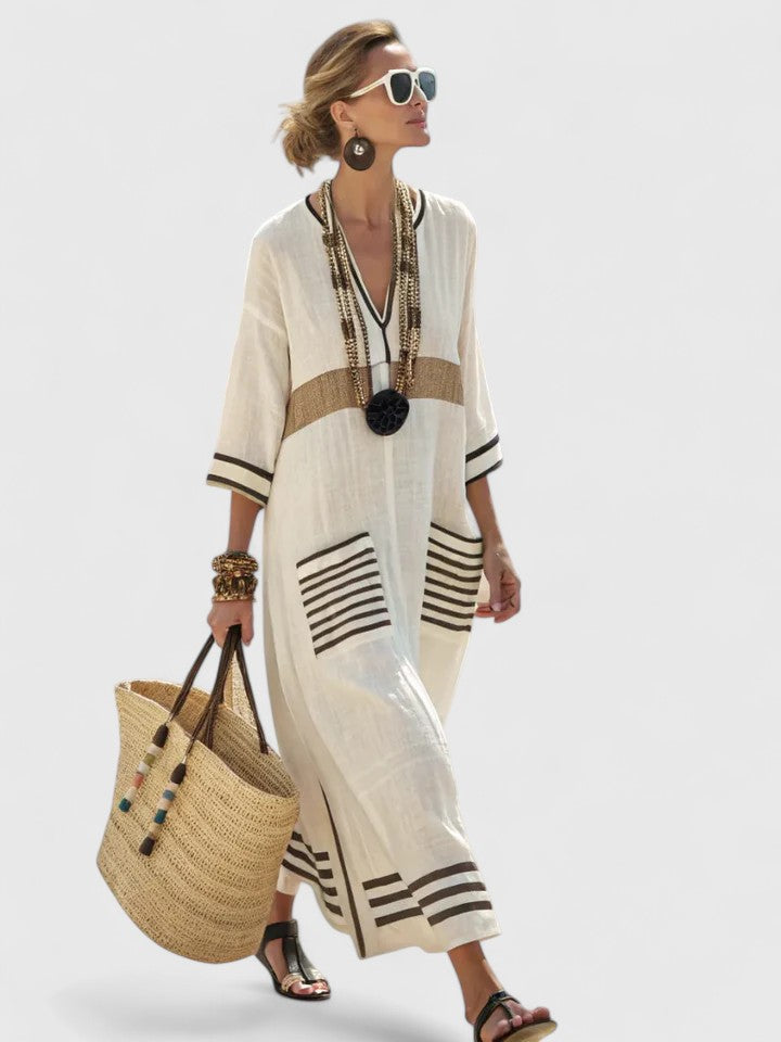 Pavla Damen Maxikleid | V-Ausschnitt, Gestreift, Boho-Stil 0