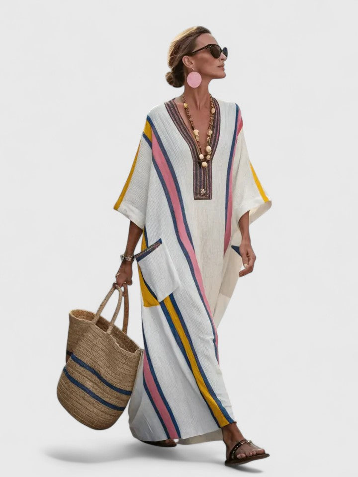 Pavla Damen Maxikleid | V-Ausschnitt, Gestreift, Boho-Stil 2
