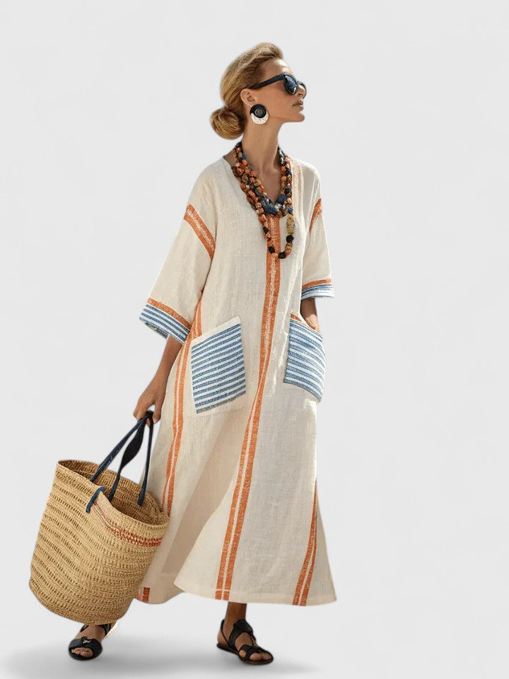 Pavla Damen Maxikleid | V-Ausschnitt, Gestreift, Boho-Stil 4