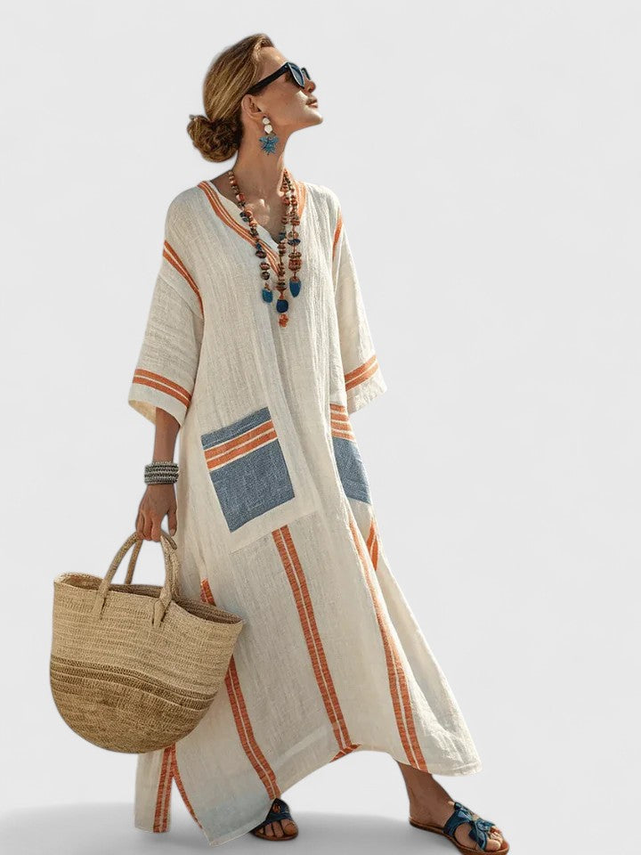 Pavla Damen Maxikleid | V-Ausschnitt, Gestreift, Boho-Stil 5