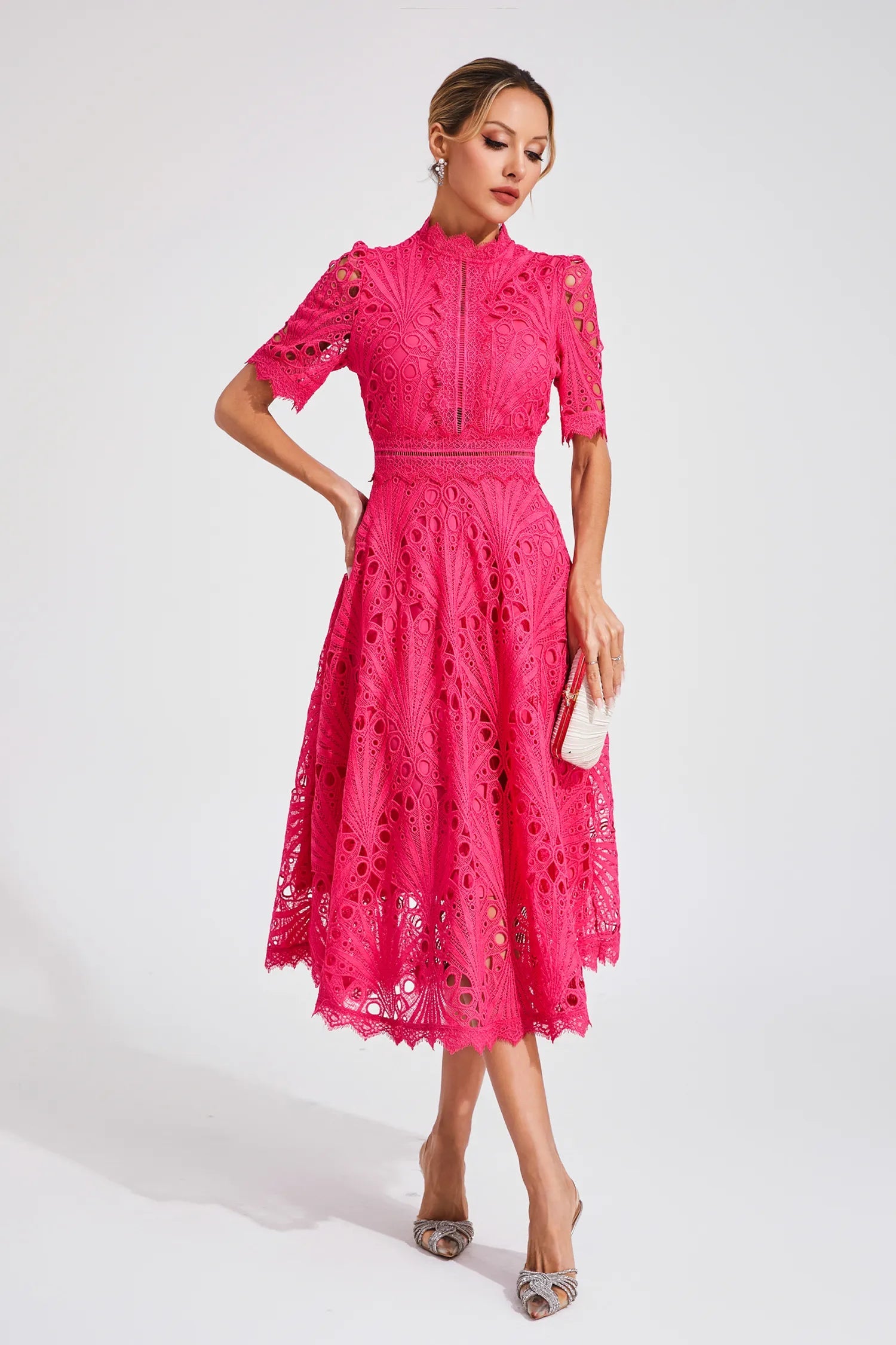 Pia Damen Midi Kleid | Spitzenmuster, Strukturierte Silhouette 4