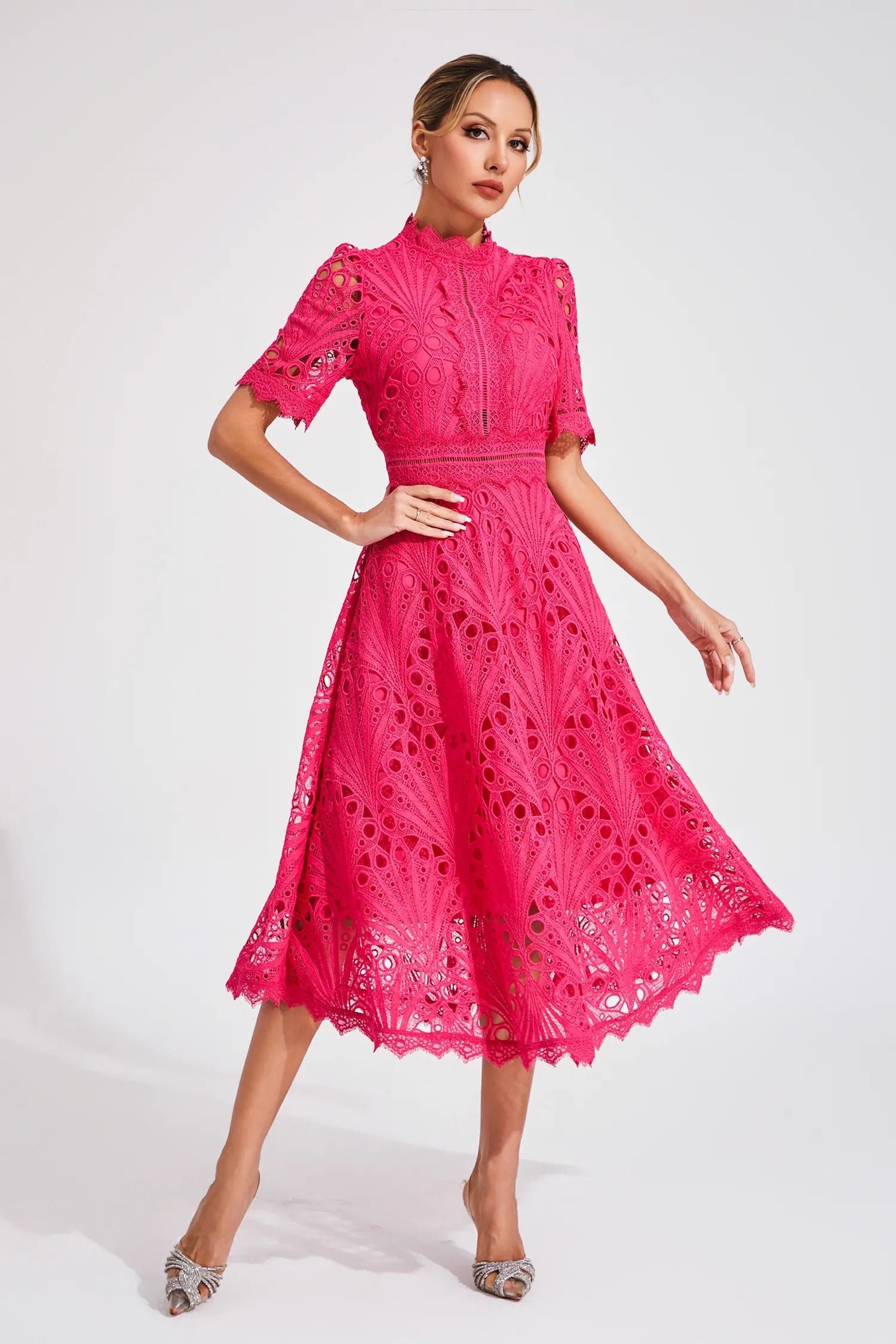 Pia Damen Midi Kleid | Spitzenmuster, Strukturierte Silhouette 5