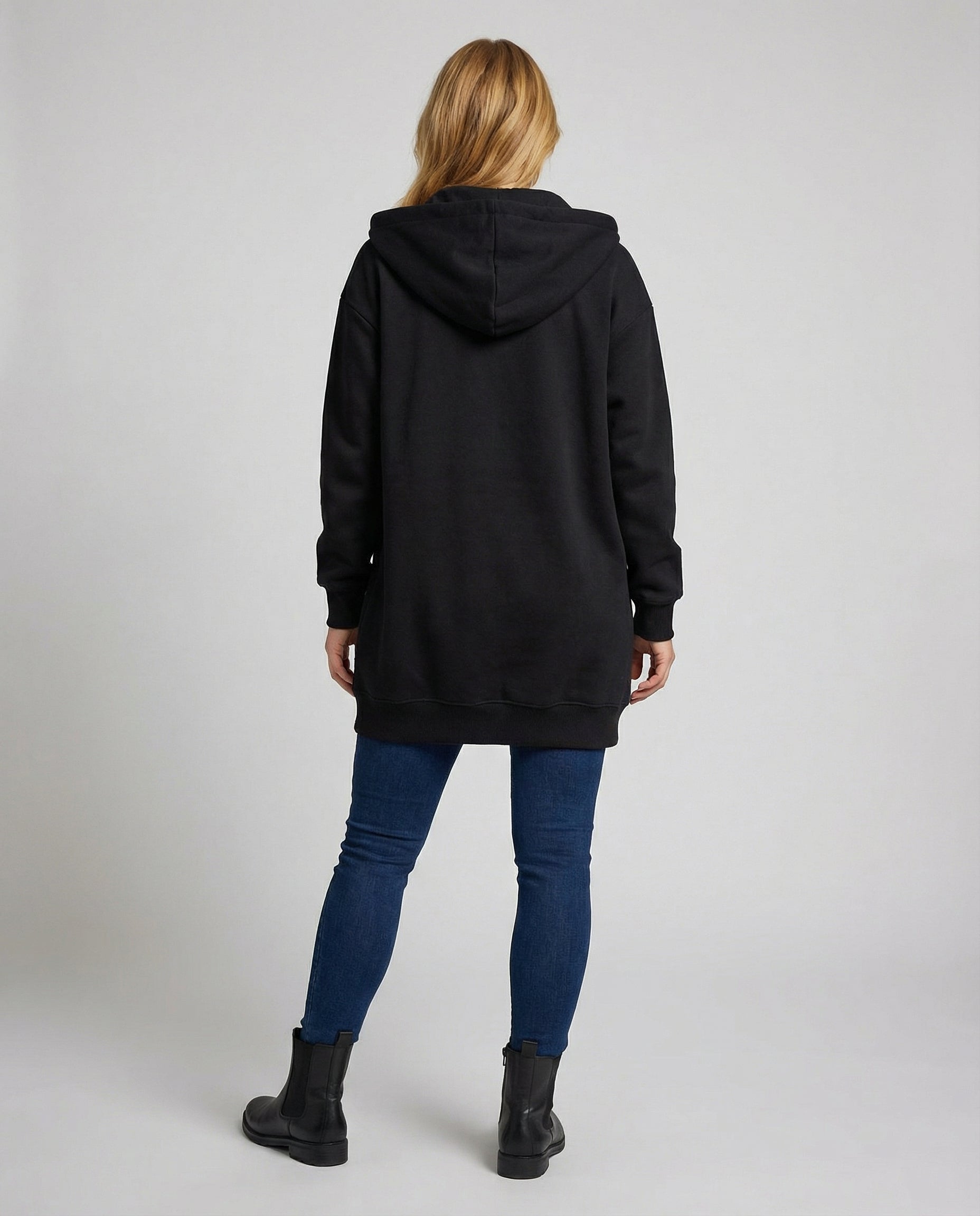 Roswitha Schwarz Longline Oversized Kapuzenpullover mit Reissverschluss für Damen | Casual Knieland - XS-4XL
