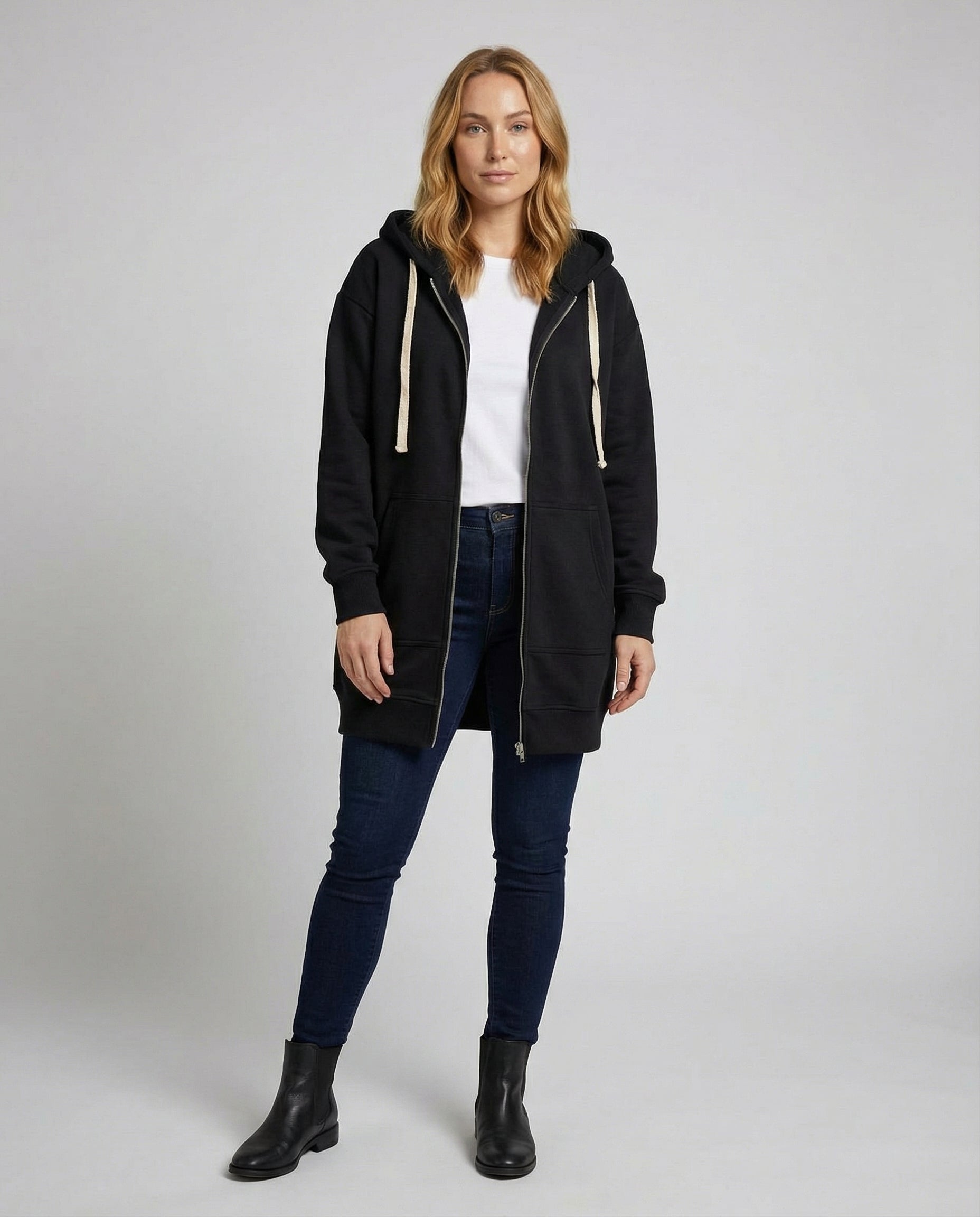 Roswitha Schwarz Longline Oversized Kapuzenpullover mit Reissverschluss für Damen | Casual Knieland - XS-4XL