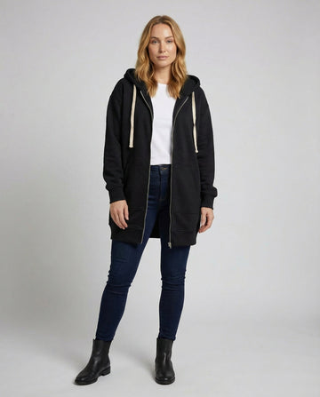 Roswitha Schwarz Longline Oversized Kapuzenpullover mit Reissverschluss für Damen | Casual Knieland - XS-4XL