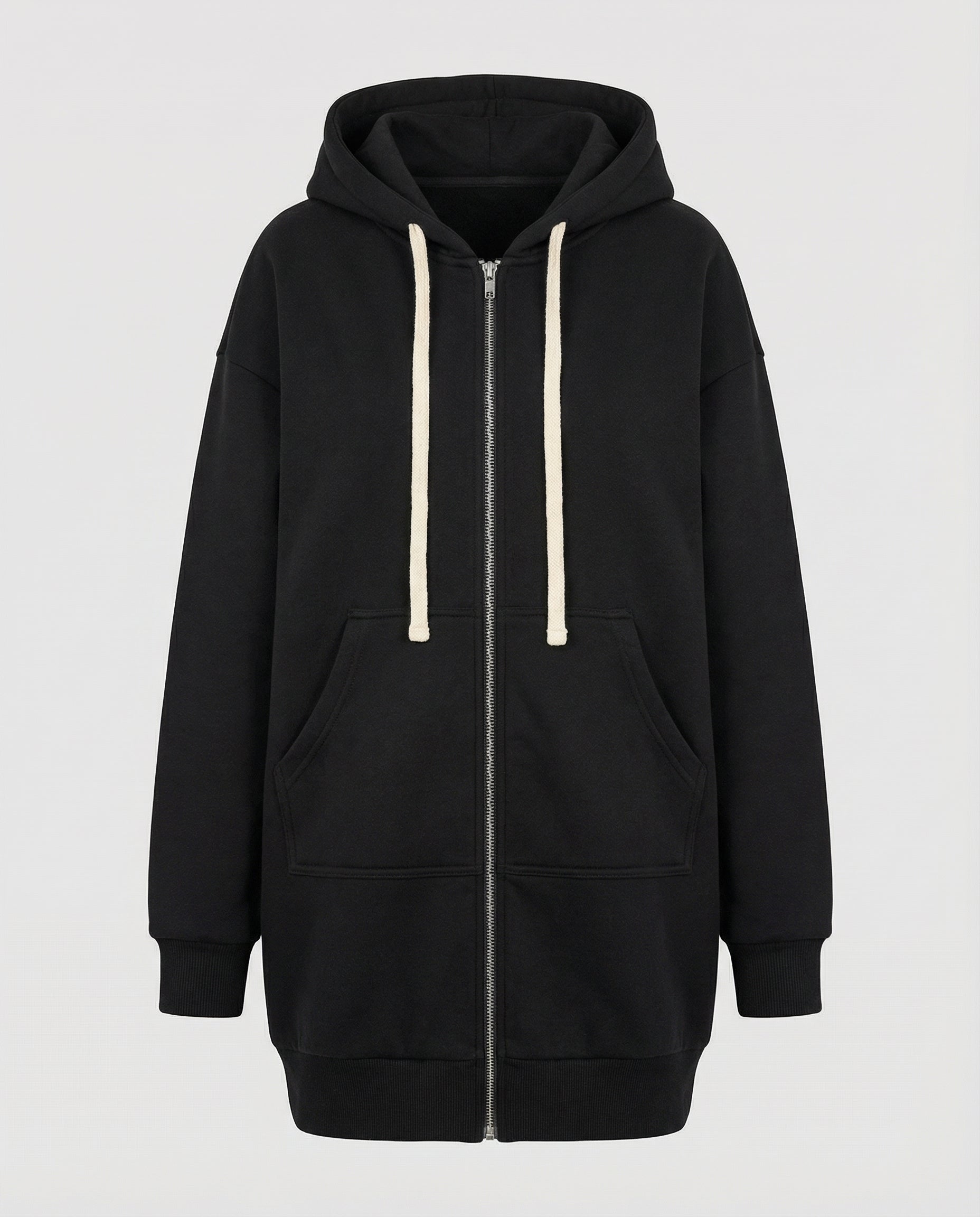 Roswitha Schwarz Longline Oversized Kapuzenpullover mit Reissverschluss für Damen | Casual Knieland - XS-4XL