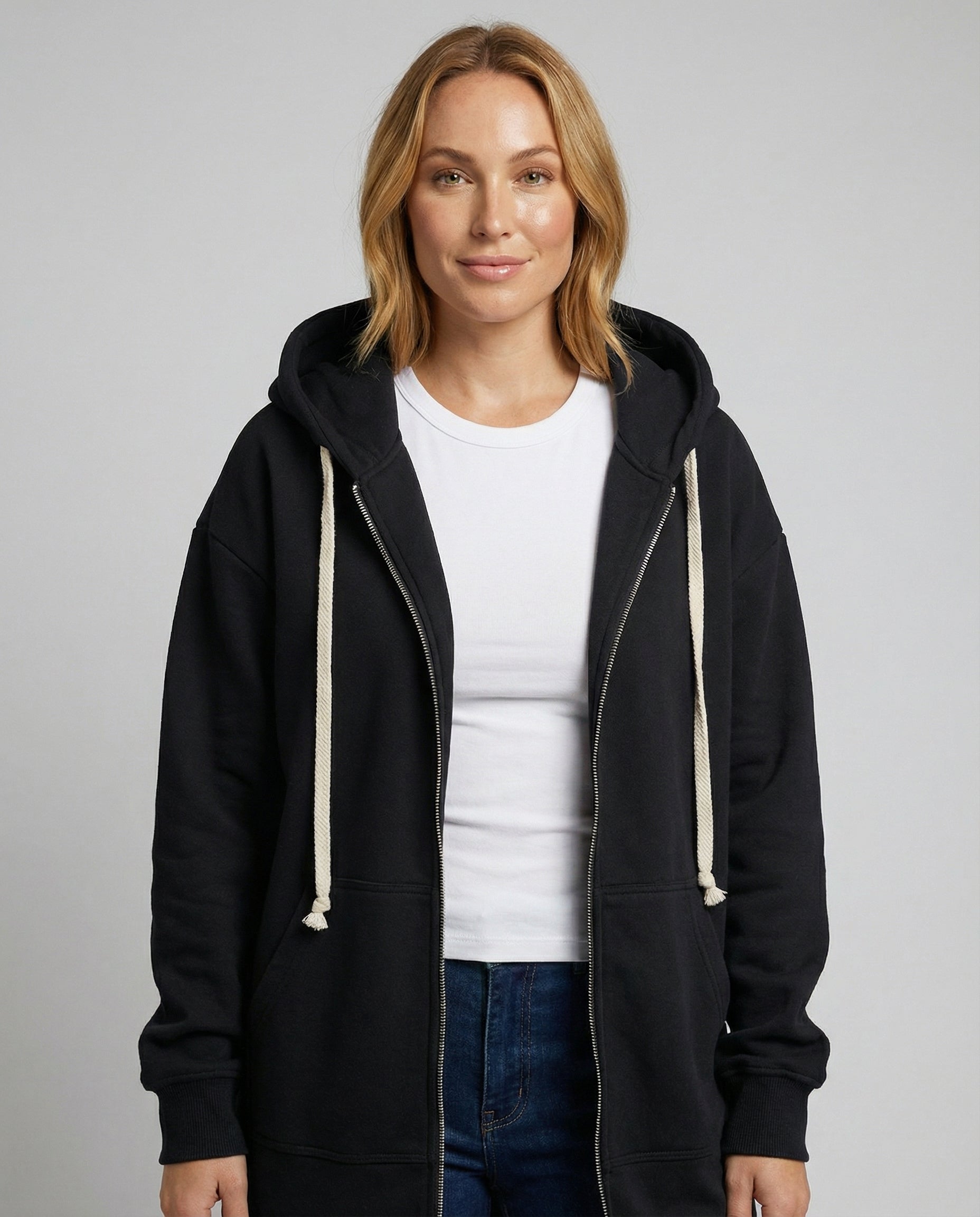 Roswitha Schwarz Longline Oversized Kapuzenpullover mit Reissverschluss für Damen | Casual Knieland - XS-4XL