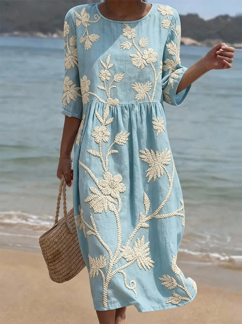 Renate Blau Besticktes Rundhals-Midi-Kleid für Damen | Leichte Sommereleganz - S/M/L/XL/2XL/3XL