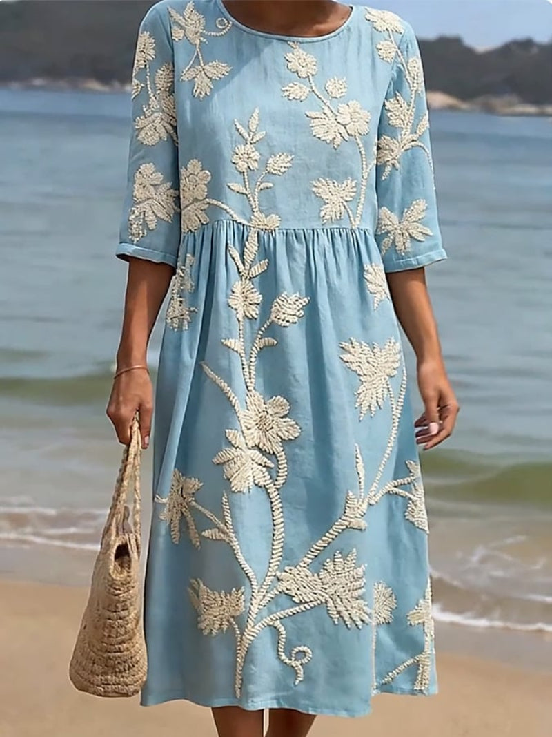 Renate Blau Besticktes Rundhals-Midi-Kleid für Damen | Leichte Sommereleganz - S/M/L/XL/2XL/3XL