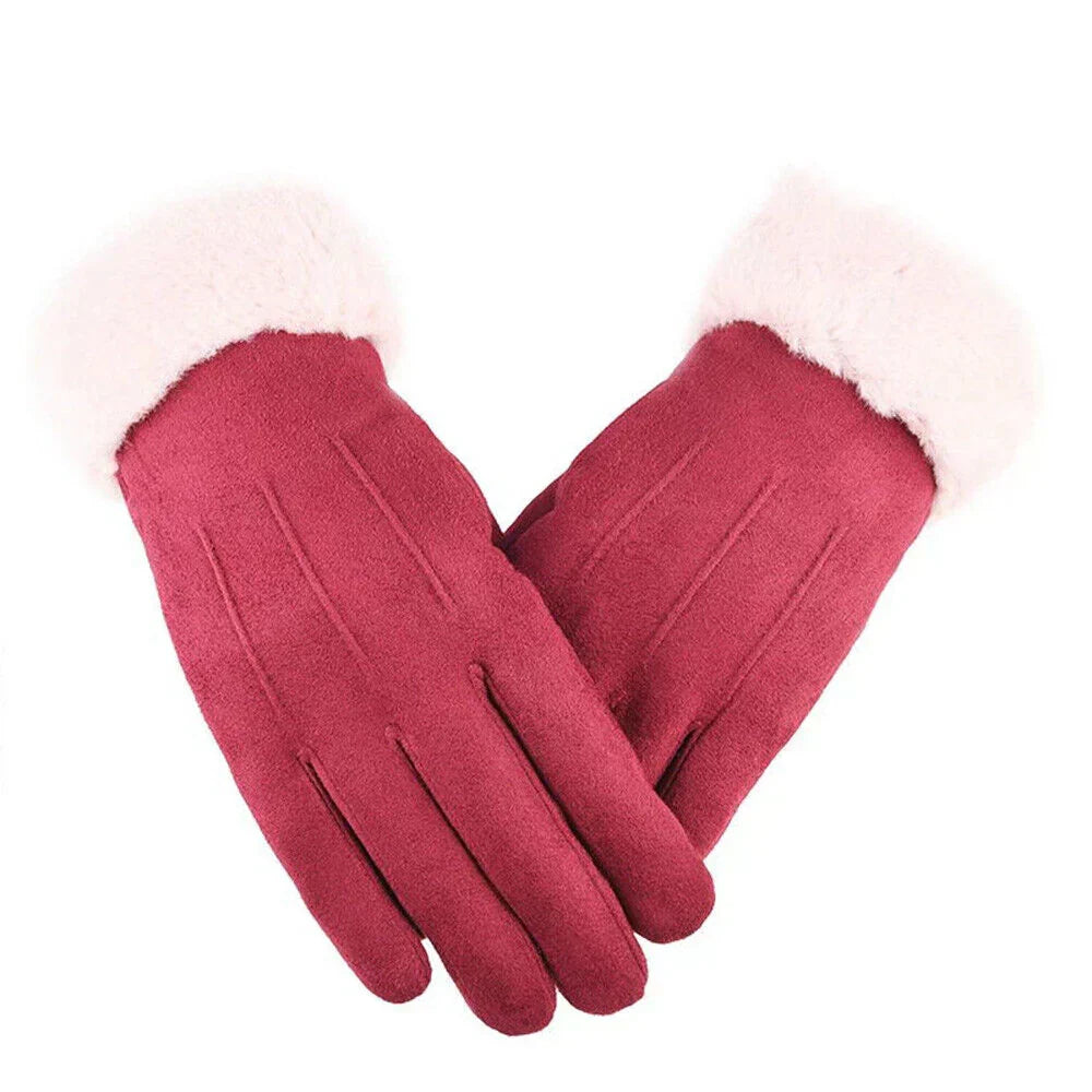 Brigitte Rosa Winter Handschuhe für Damen in Veloursleder-Optik mit Kunstfell-Bündchen | Einheitsgrösse