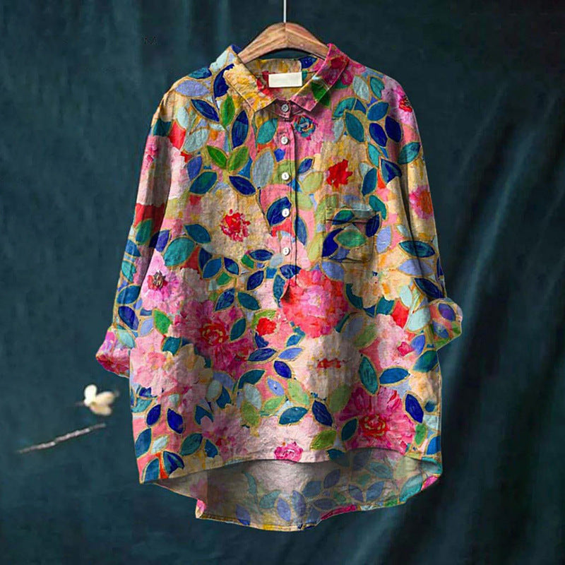 Vreni Grün Natur-Print Bluse für Damen | Leichte Baumwoll-Leinen Passform | Alltag & Freizeit - M/L/XL/2XL/3XL/4XL