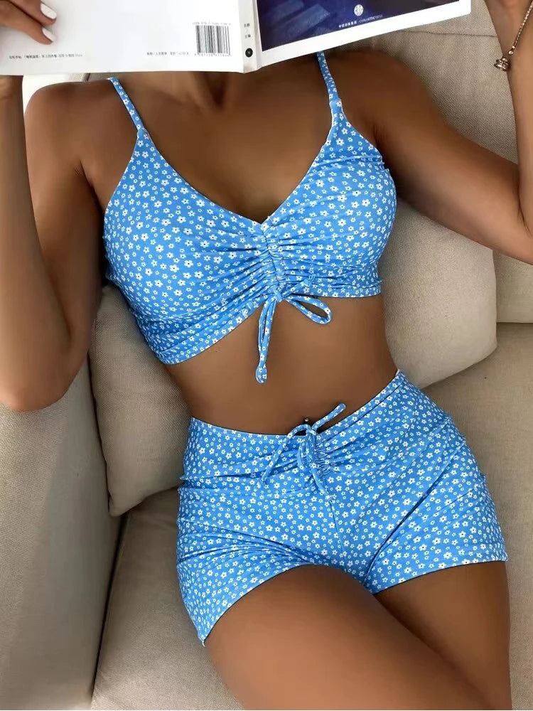 Rafa Damen Bikini Set | Blumenmuster, Hochbundhose, Bikini Mit Hohem Beinausschnitt 0