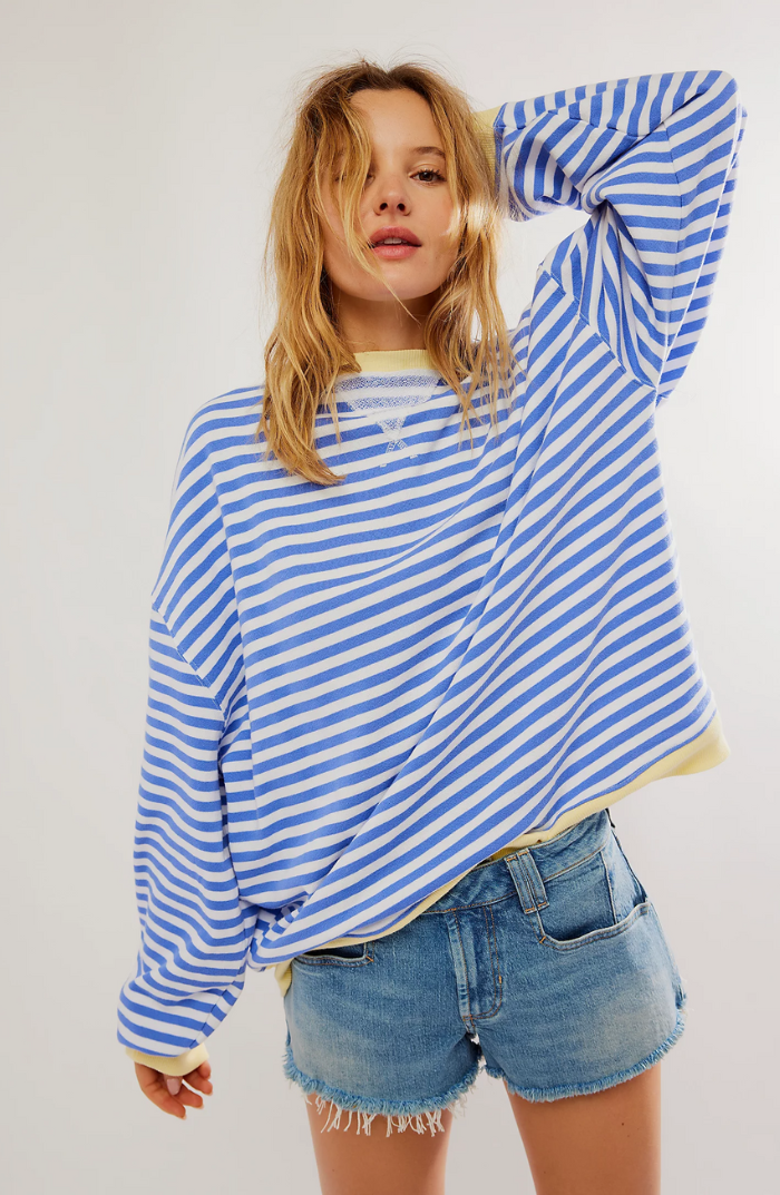 Edith Blau Gestreiftes Oversized Sweatshirt für Damen | Casual Relaxed Fit - S/M/L/XL/2XL