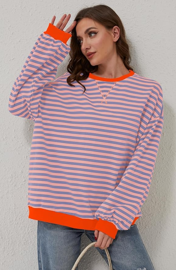 Edith Blau Gestreiftes Oversized Sweatshirt für Damen | Casual Relaxed Fit - S/M/L/XL/2XL