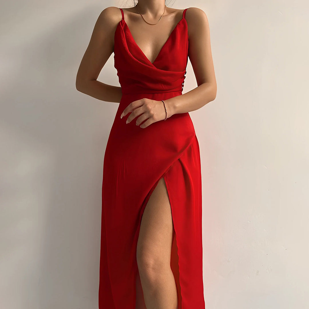 Monika Schwarz Spaghetti-Träger Cowl-Neck Maxikleid für Damen | Figurbetonend Elegant | Seitenschlitz - S-3XL