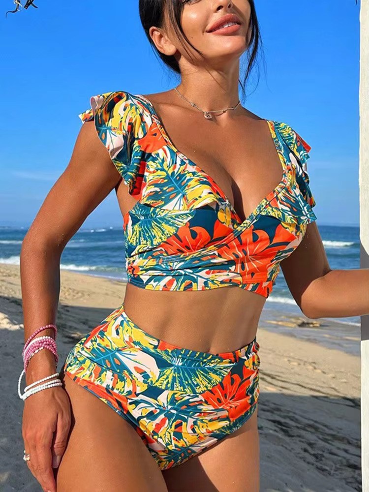 Rina Damen Bikini Set | Rüschenärmel, Wickeloberteil mit Tropischem Muster 0