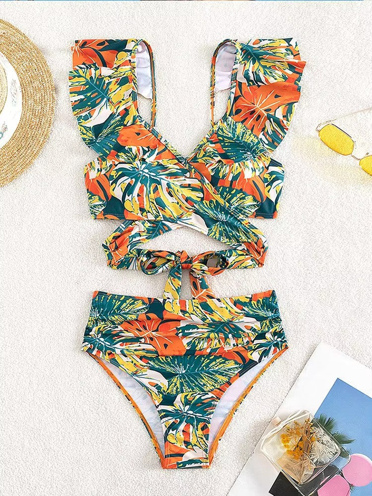 Rina Damen Bikini Set | Rüschenärmel, Wickeloberteil mit Tropischem Muster 3