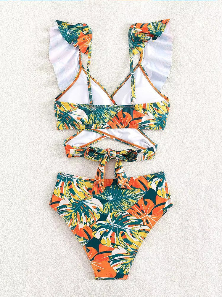 Rina Damen Bikini Set | Rüschenärmel, Wickeloberteil mit Tropischem Muster 4