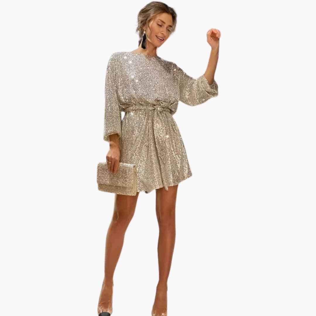 Rina Damen Kleid | Schwarzes Festliches Kleid mit Rundhalsausschnitt und Taillenband 0