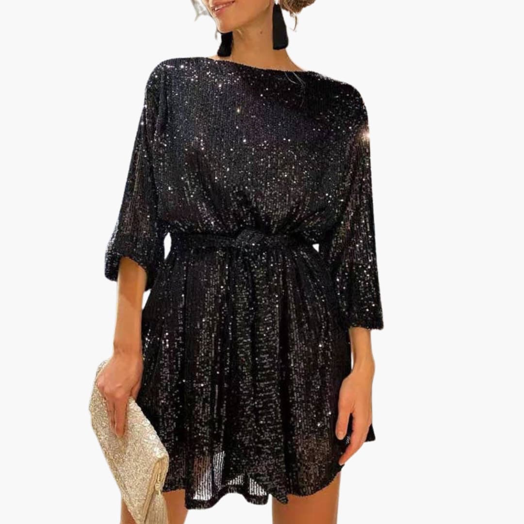 Rina Damen Kleid | Schwarzes Festliches Kleid mit Rundhalsausschnitt und Taillenband 0