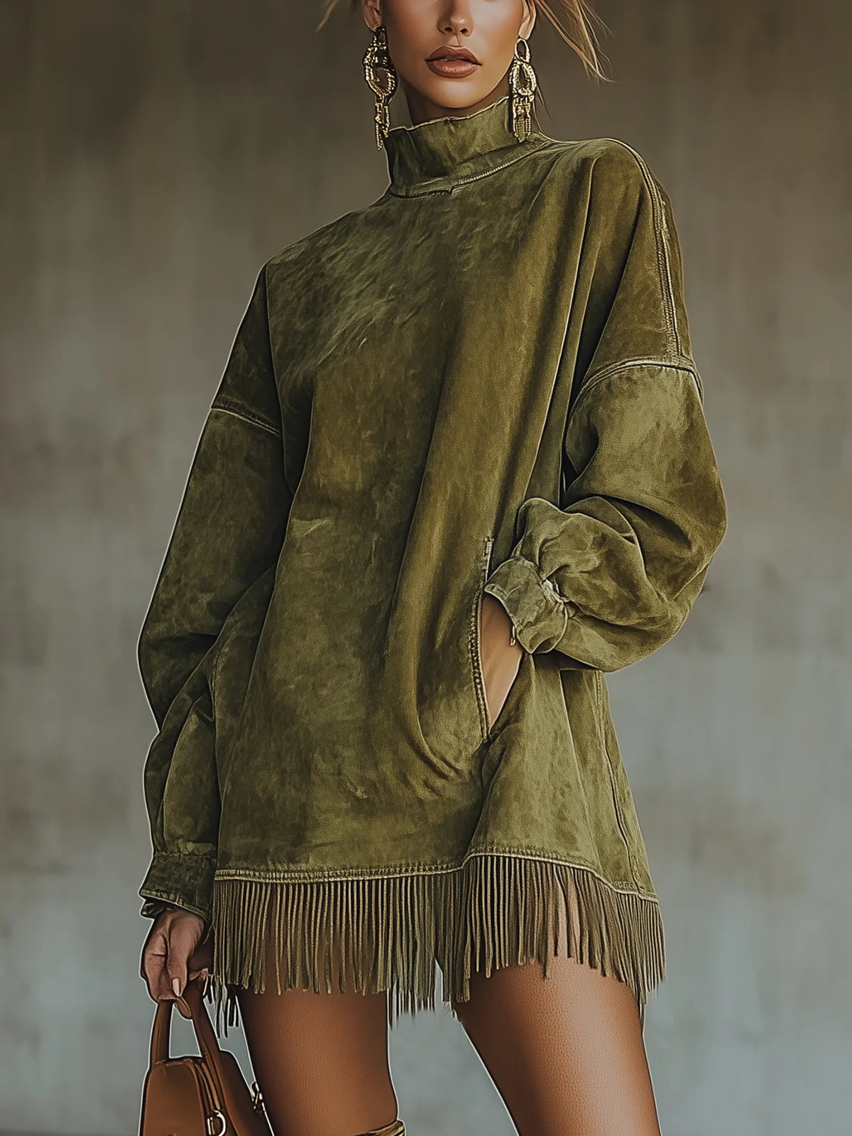 Rola Damen Rollkragenkleid | Weiches Wildlederimitat mit Fransen 0