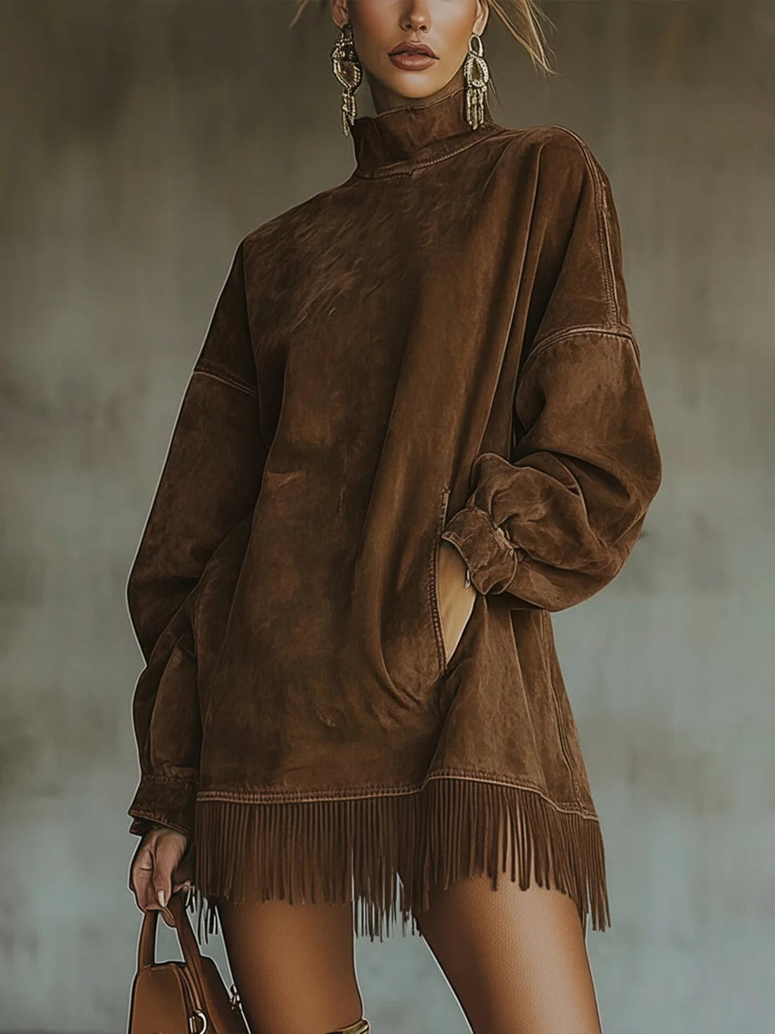 Rola Damen Rollkragenkleid | Weiches Wildlederimitat mit Fransen 0