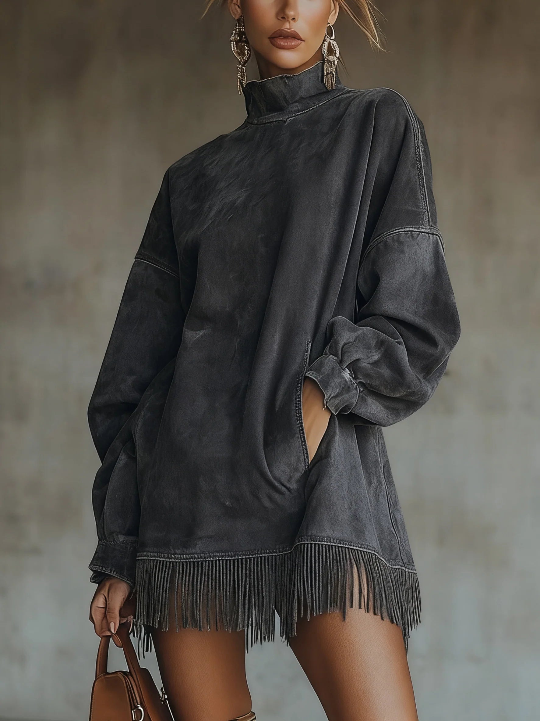Rola Damen Rollkragenkleid | Weiches Wildlederimitat mit Fransen 2
