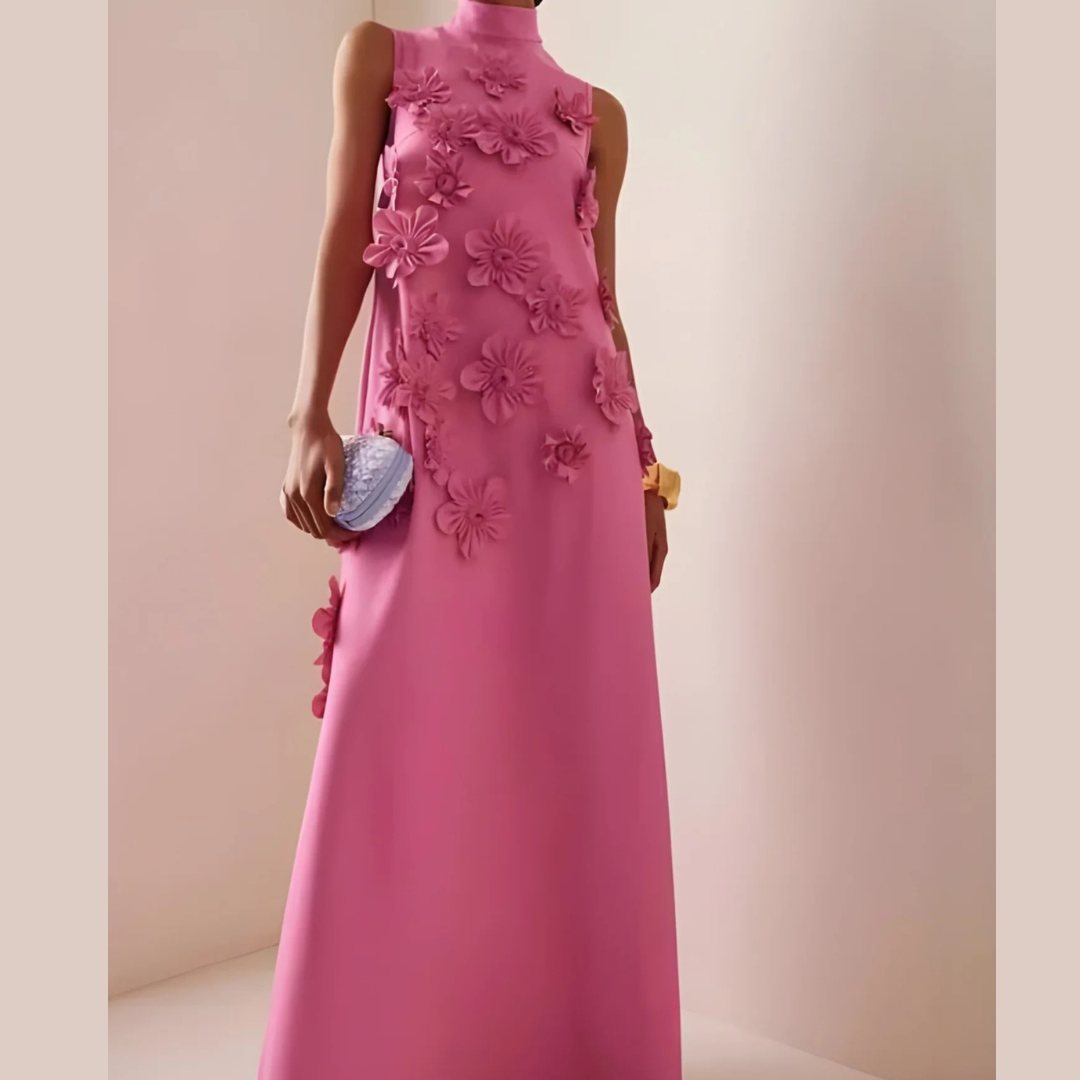 Rosa Abendkleid für Damen | 3D-Blütenapplikationen, Maxi-Länge 0