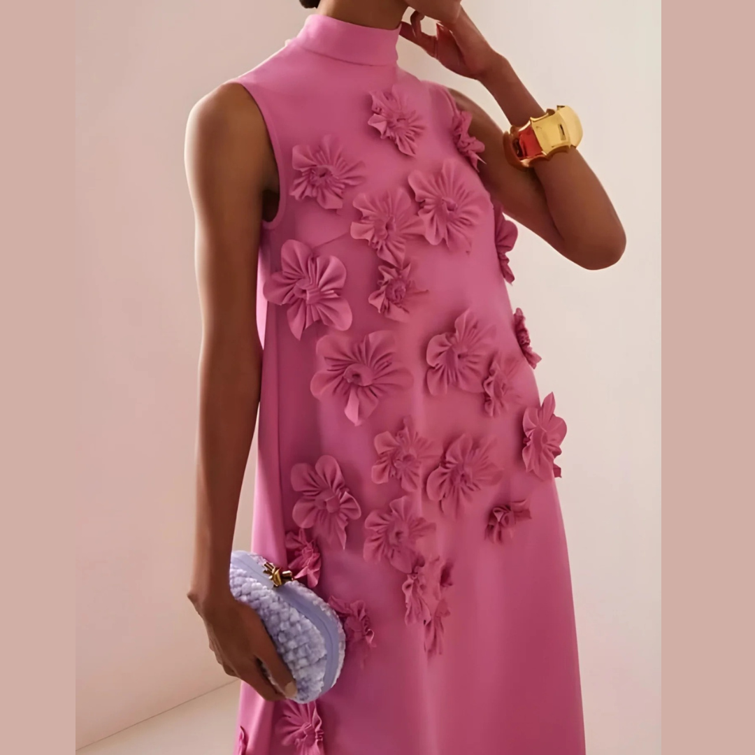 Rosa Abendkleid für Damen | 3D-Blütenapplikationen, Maxi-Länge 1