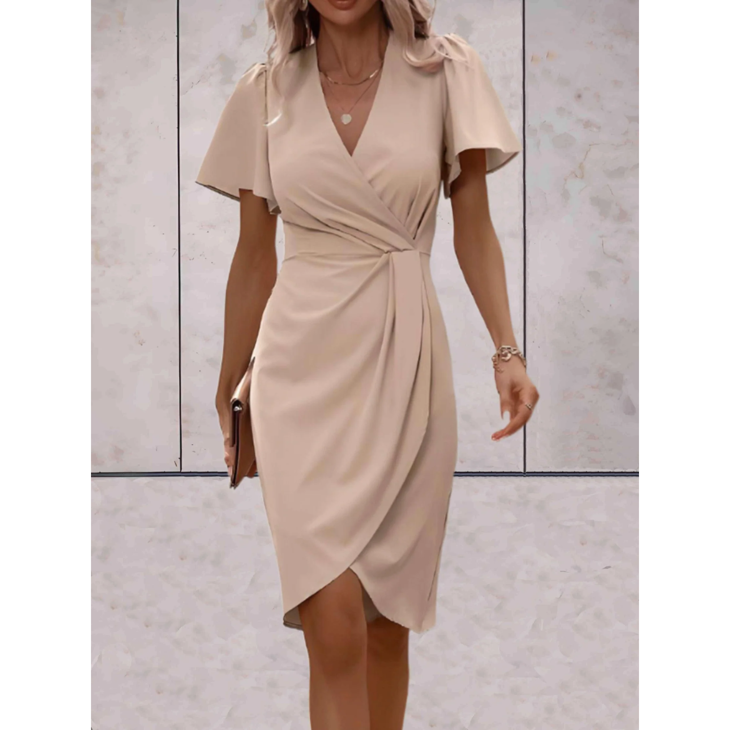 Rosa Damen Wickelkleid | V-Ausschnitt mit Flatterärmeln 0