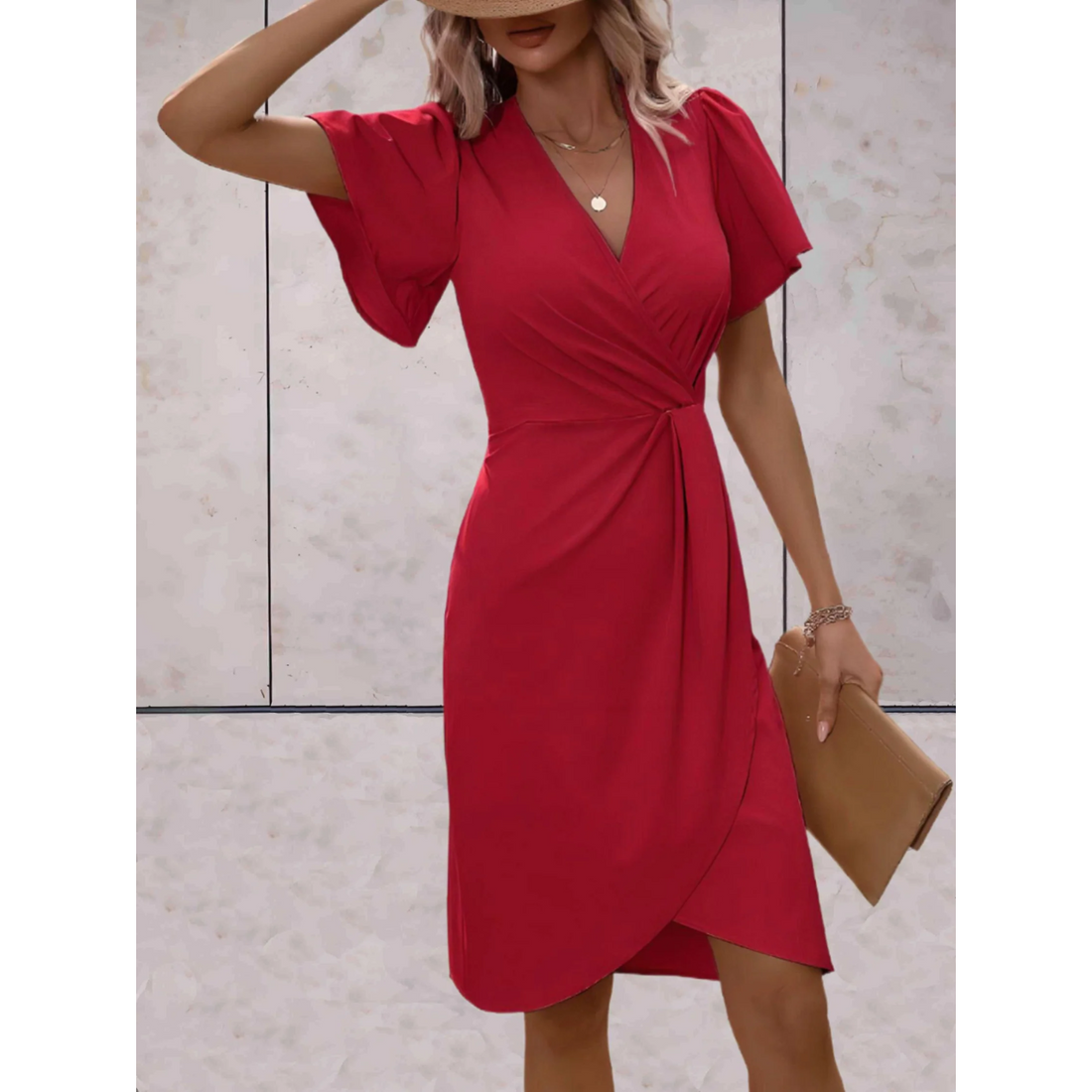 Rosa Damen Wickelkleid | V-Ausschnitt mit Flatterärmeln 0